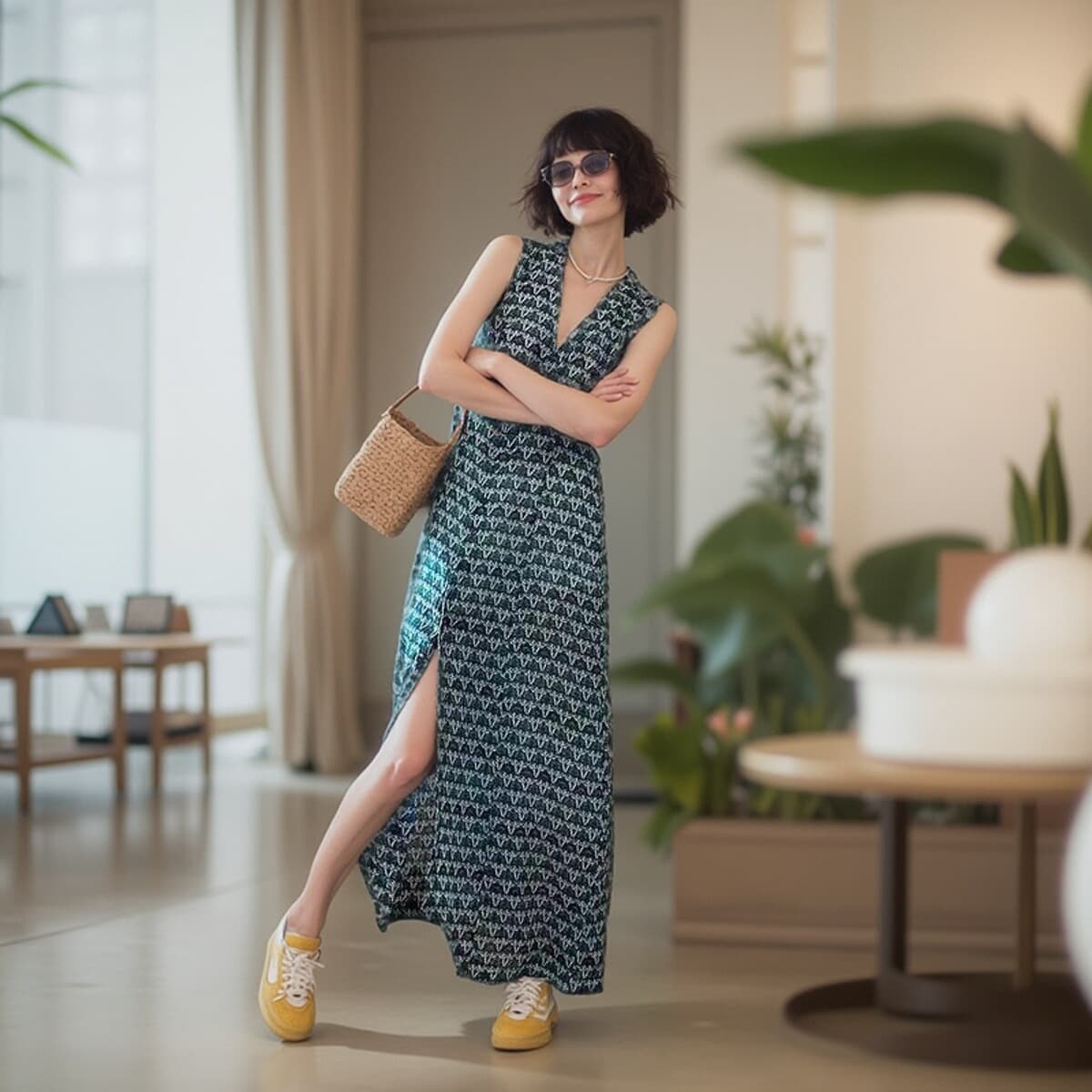 アウトドアファッション 重ね着風マキシ丈ワンピース