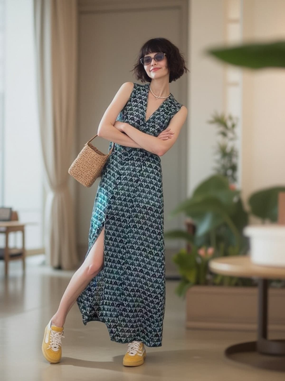 アウトドアファッション 重ね着風マキシ丈ワンピース