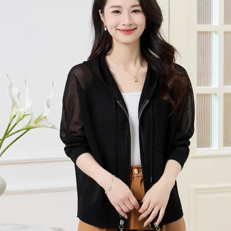 アウトドアファッション メッシュ編み フード付き ニットパーカー