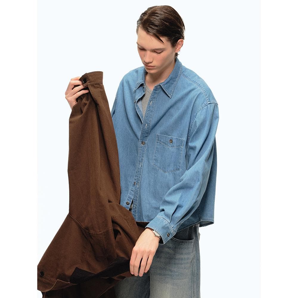 アウトドアファッション ゆったりデニムシャツ 古着風