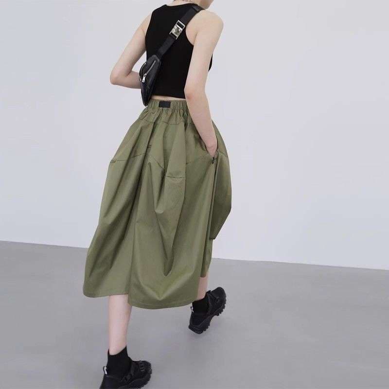 アウトドアファッション ウエストベルト付き バルーンロングスカート