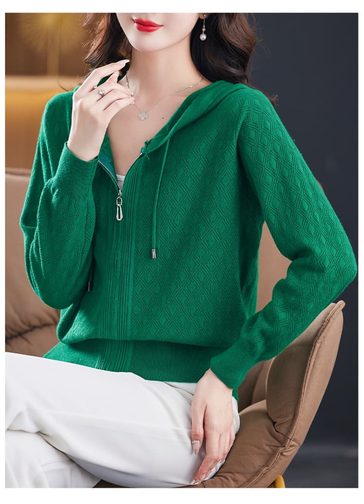 アウトドアファッション ダイヤ柄フード付きニットパーカー