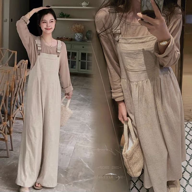 アウトドアファッション 二重織り麻混ゆったりサロペットワンピース