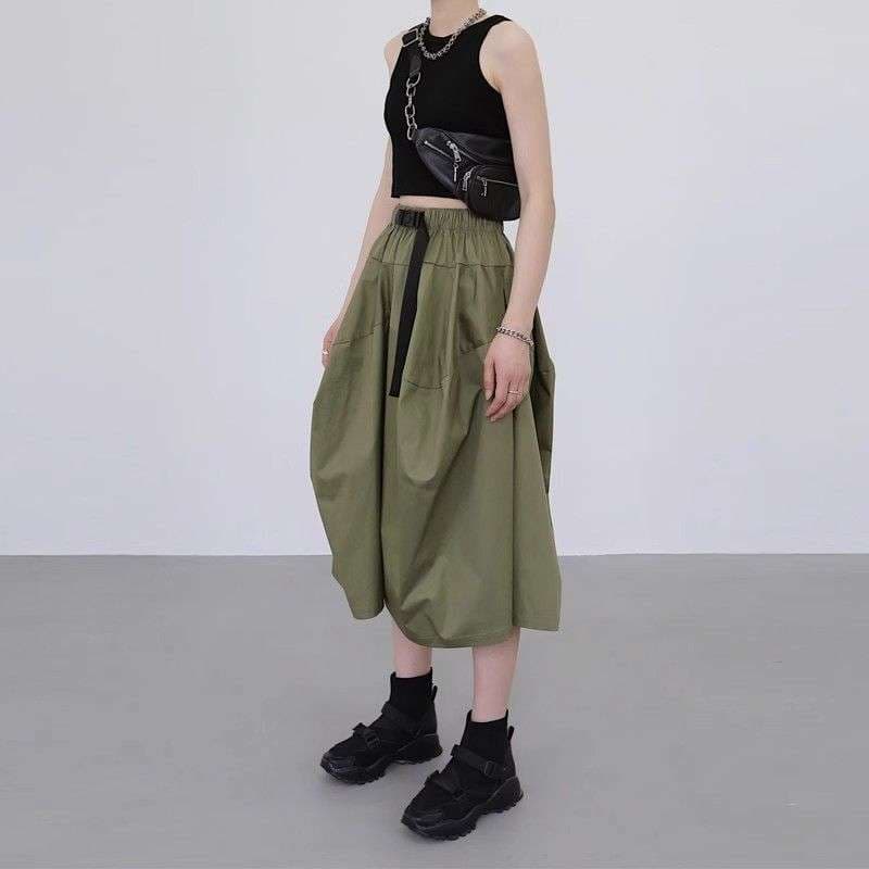 アウトドアファッション ウエストベルト付き バルーンロングスカート