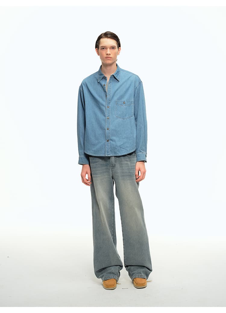 アウトドアファッション ゆったりデニムシャツ 古着風