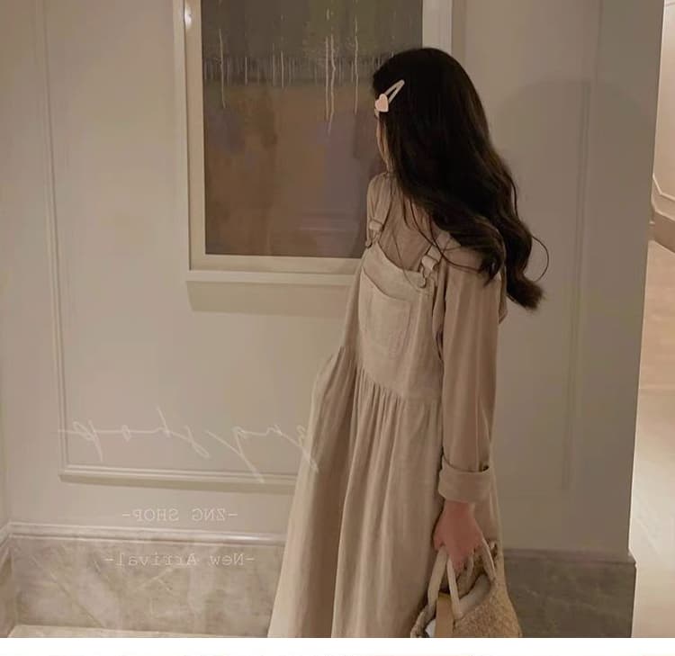 アウトドアファッション 二重織り麻混ゆったりサロペットワンピース