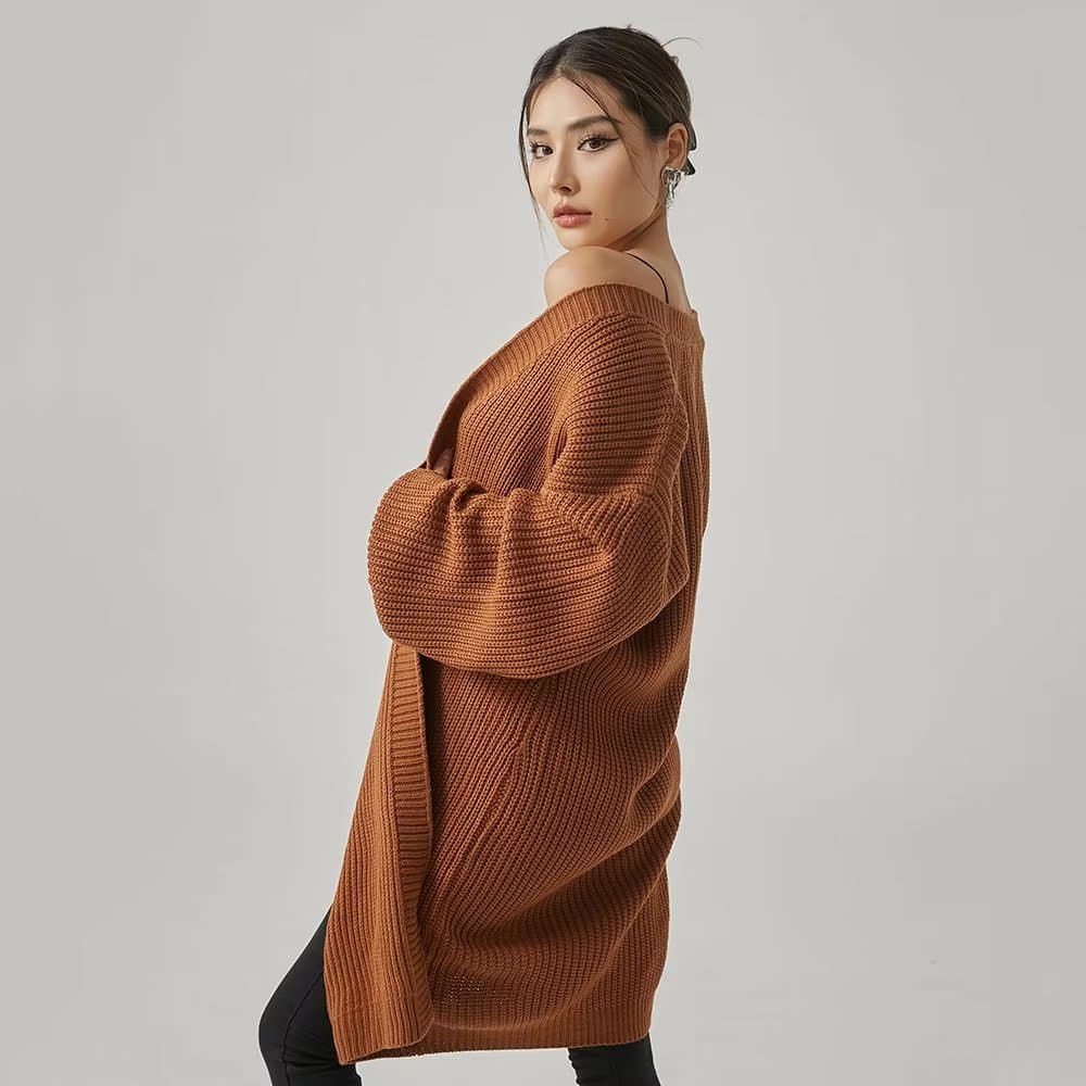 アウトドアファッション ゆったりロングニットカーディガン