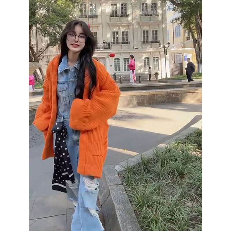 アウトドアファッション ゆったりリブ編みカーディガン