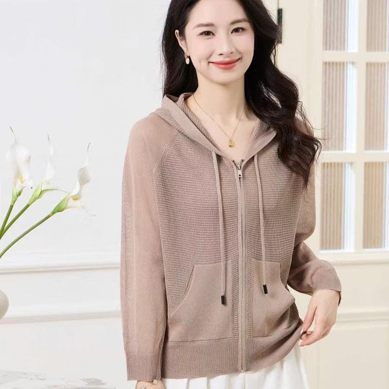 アウトドアファッション メッシュ編み フード付き ニットパーカー