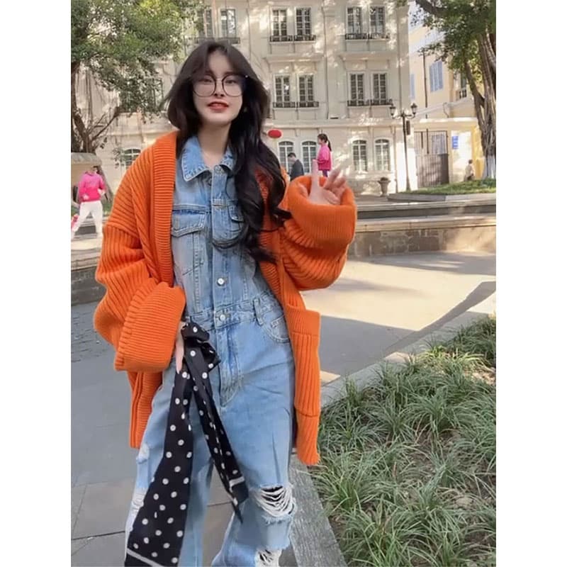 アウトドアファッション ゆったりリブ編みカーディガン