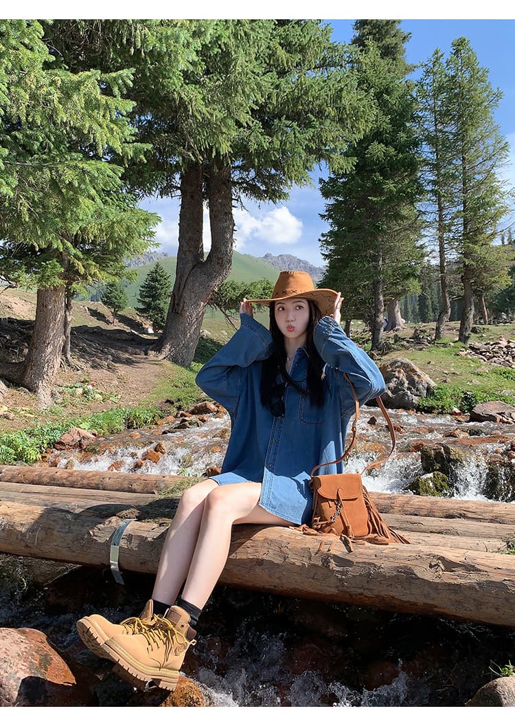 アウトドアファッション 山歩きデニムシャツワンピース