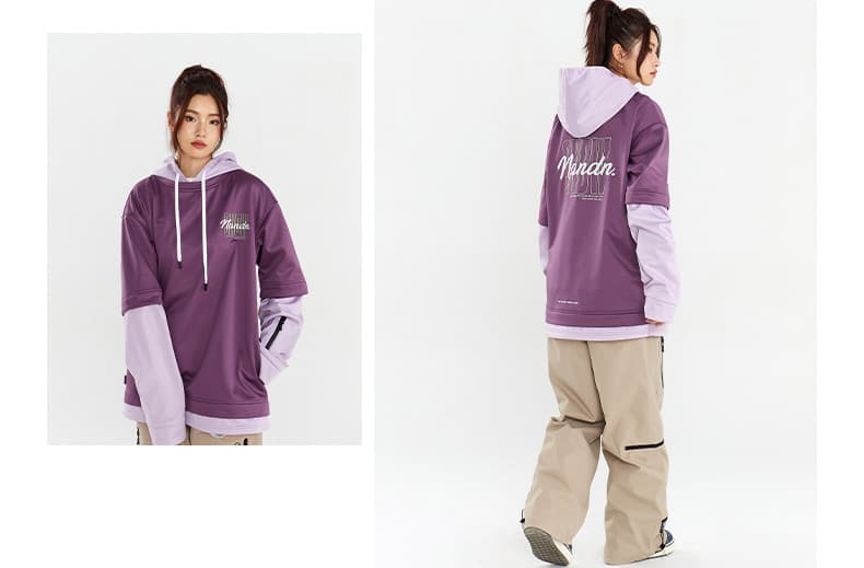 アウトドアファッション ゆったりシルエットレイヤード風パーカー