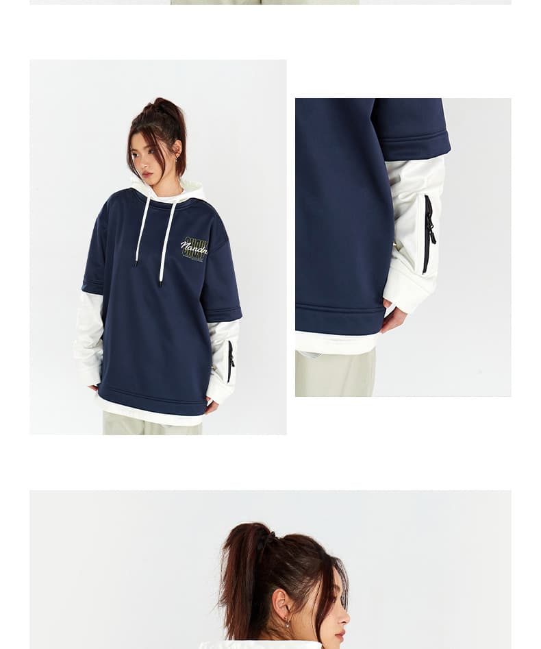 アウトドアファッション ゆったりシルエットレイヤード風パーカー