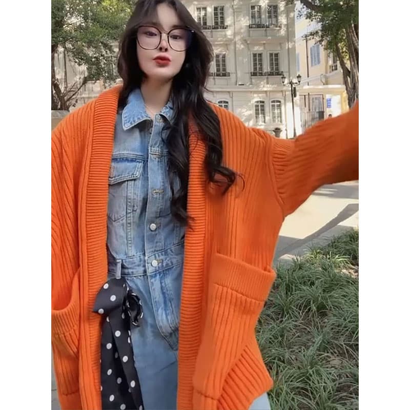 アウトドアファッション ゆったりリブ編みカーディガン