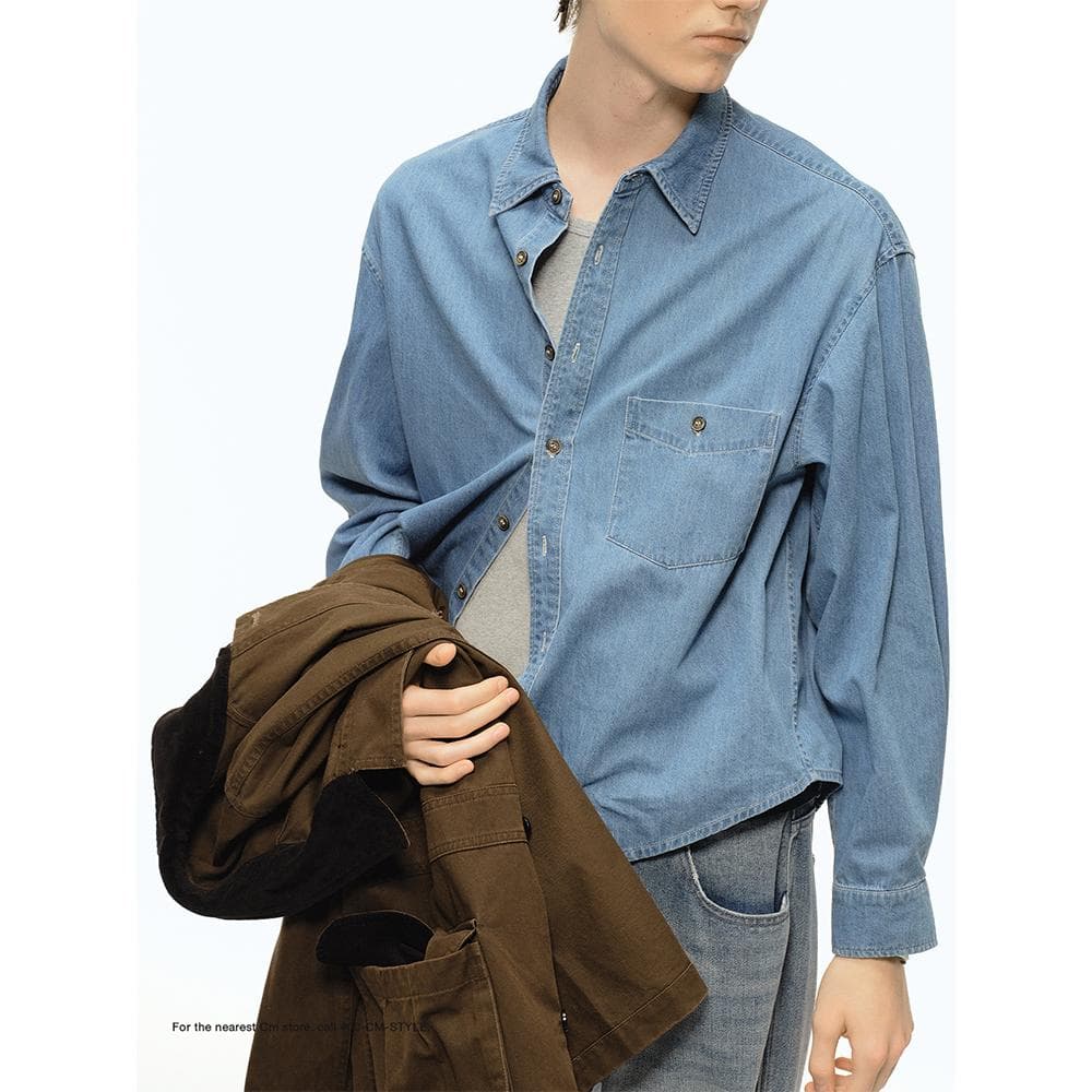 アウトドアファッション ゆったりデニムシャツ 古着風