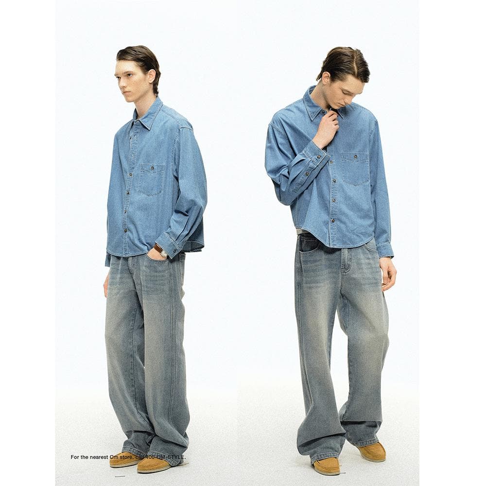 アウトドアファッション ゆったりデニムシャツ 古着風