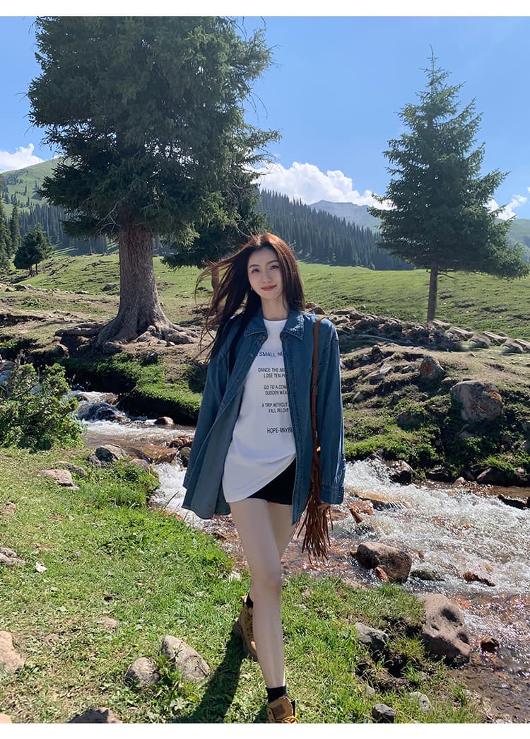 アウトドアファッション 山歩きデニムシャツワンピース