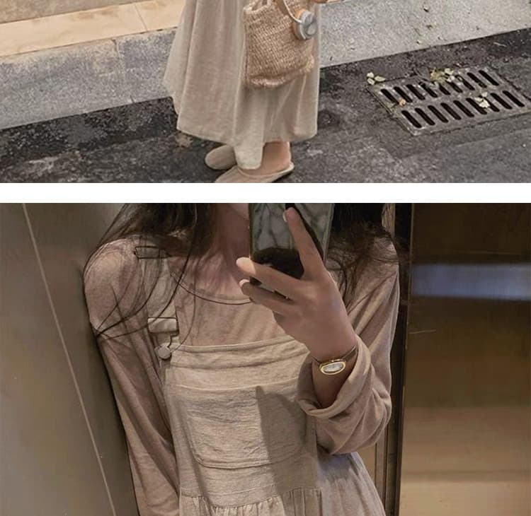 アウトドアファッション 二重織り麻混ゆったりサロペットワンピース