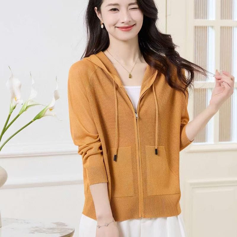 アウトドアファッション メッシュ編み フード付き ニットパーカー