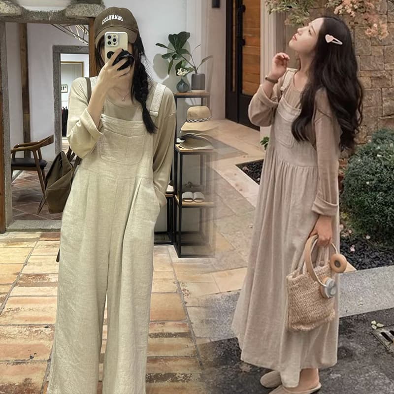 アウトドアファッション 二重織り麻混ゆったりサロペットワンピース