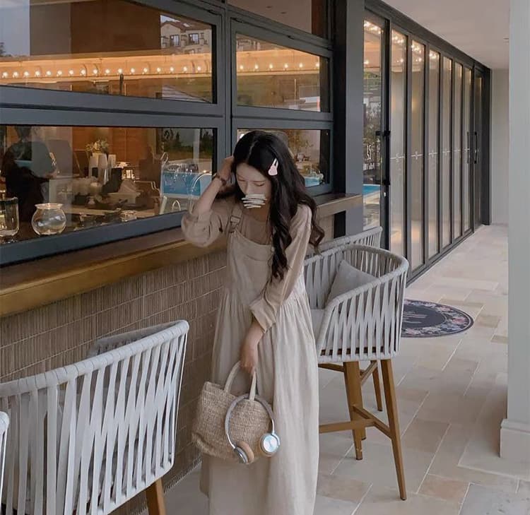 アウトドアファッション 二重織り麻混ゆったりサロペットワンピース