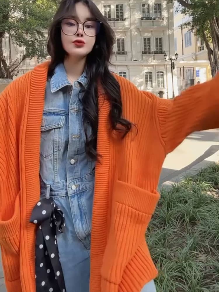 アウトドアファッション ゆったりリブ編みカーディガン