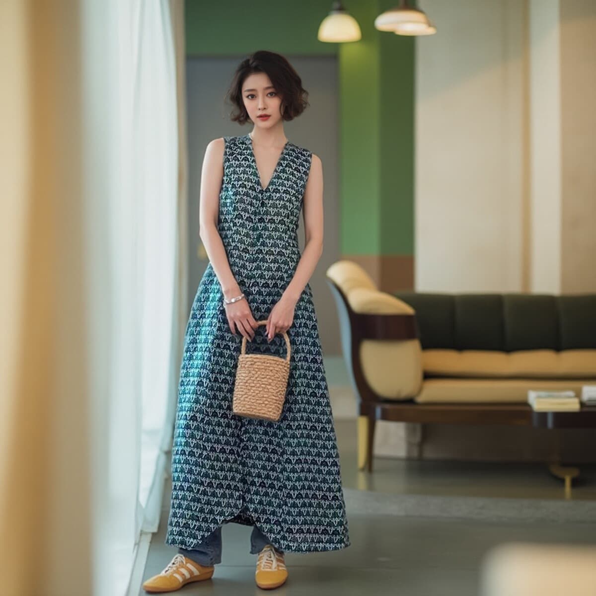 アウトドアファッション 重ね着風マキシ丈ワンピース