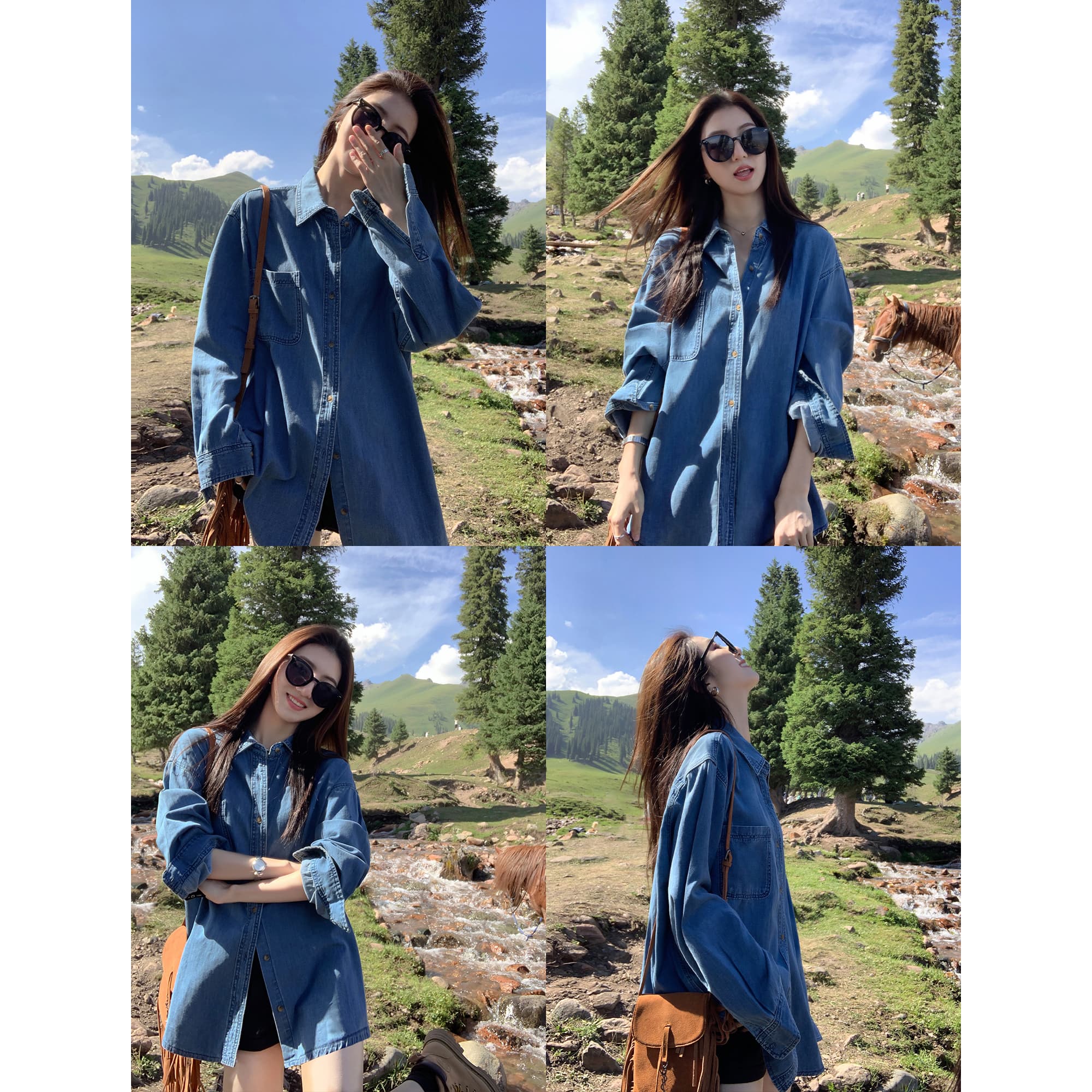 アウトドアファッション 山歩きデニムシャツワンピース