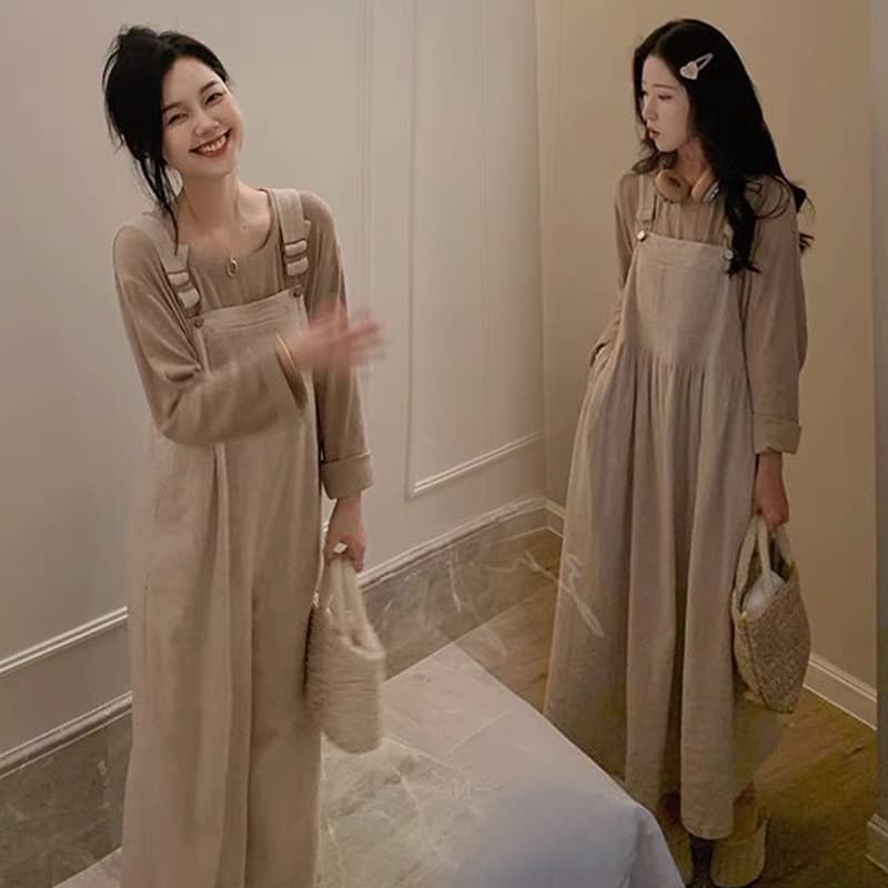 アウトドアファッション 二重織り麻混ゆったりサロペットワンピース