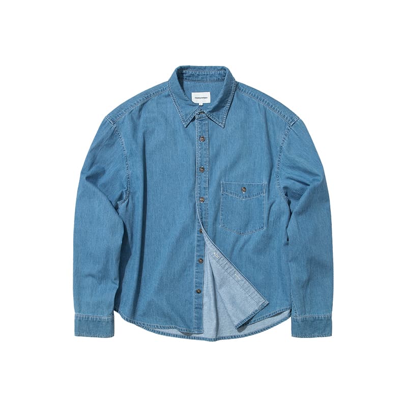 アウトドアファッション ゆったりデニムシャツ 古着風