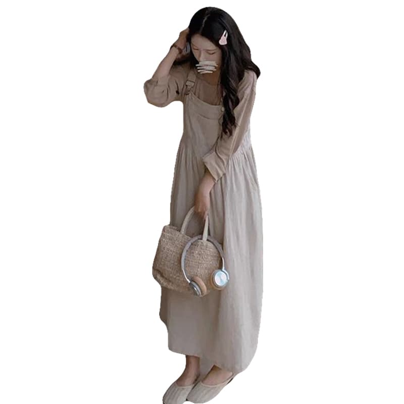 アウトドアファッション 二重織り麻混ゆったりサロペットワンピース