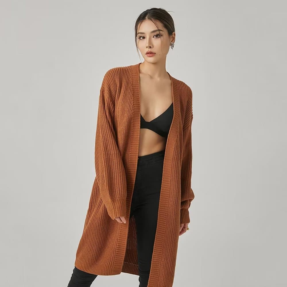 アウトドアファッション ゆったりロングニットカーディガン