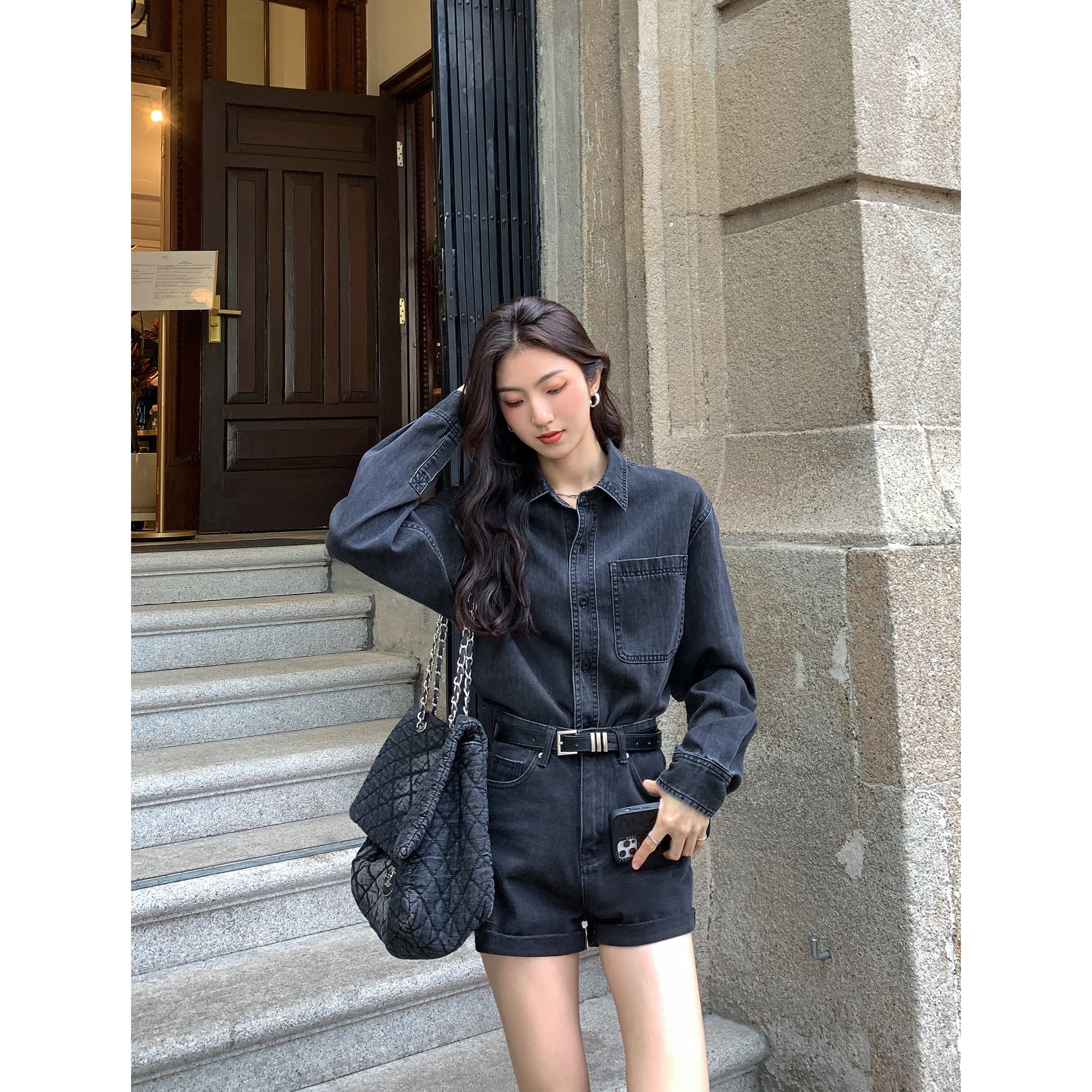 アウトドアファッション 山歩きデニムシャツワンピース