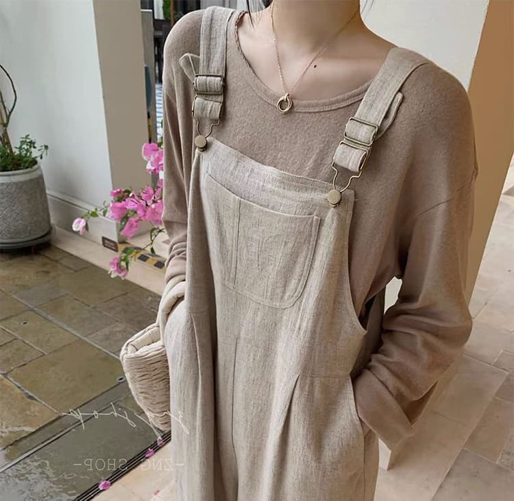 アウトドアファッション 二重織り麻混ゆったりサロペットワンピース