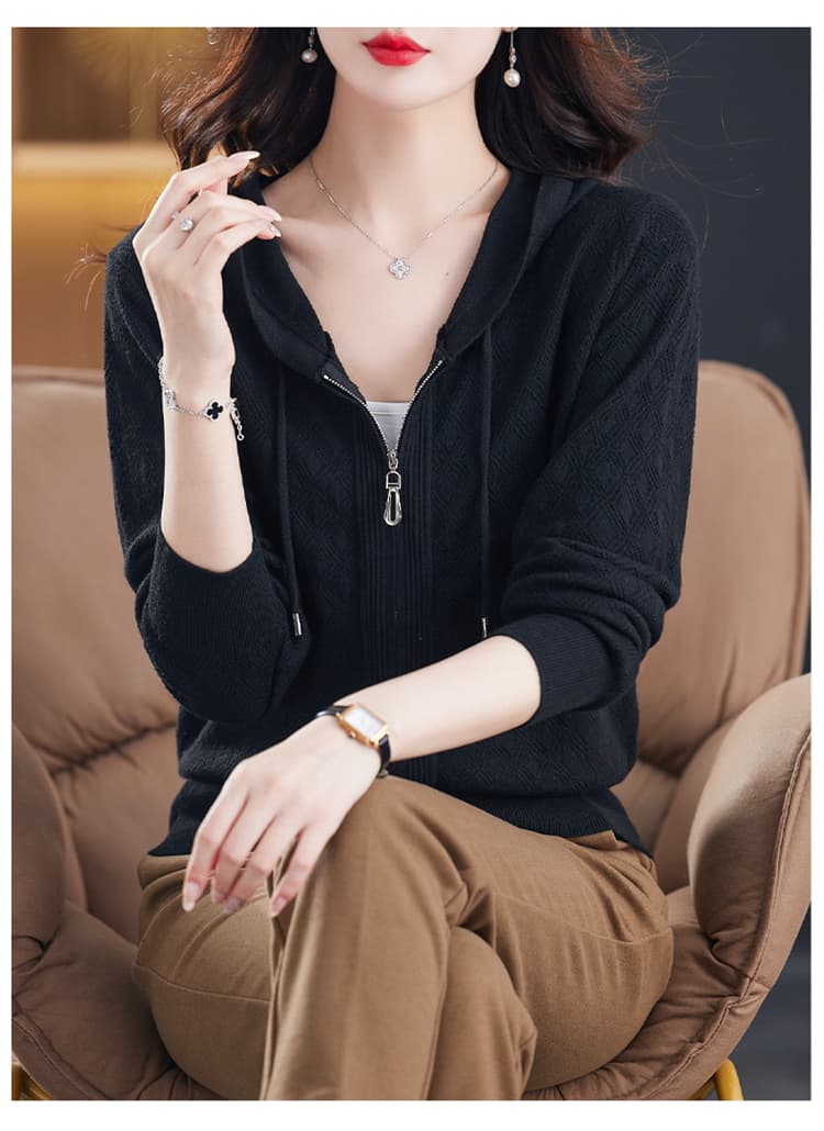 アウトドアファッション ダイヤ柄フード付きニットパーカー